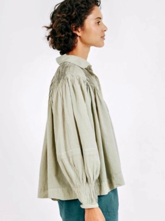 Mirth Tops - Mirth Kerala Top Small Handmade Cotton Long Sleeve Pintuck Balloon Sleeve Sage